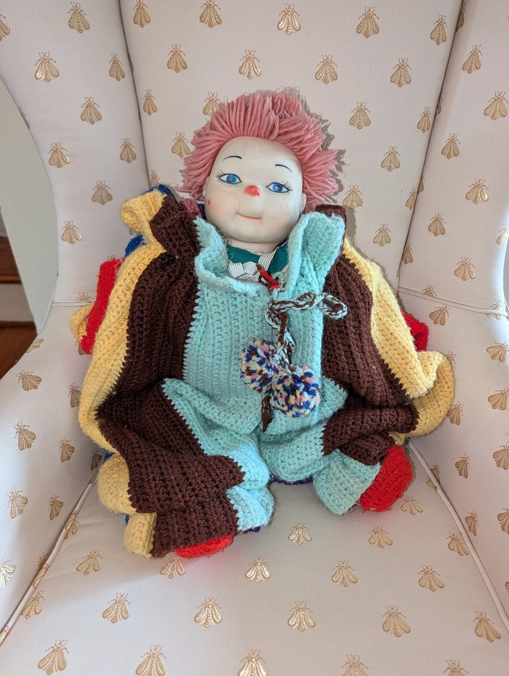Vintage Handmade Crochet Clown Doll Rubber Happy Face Crocheted Outfit